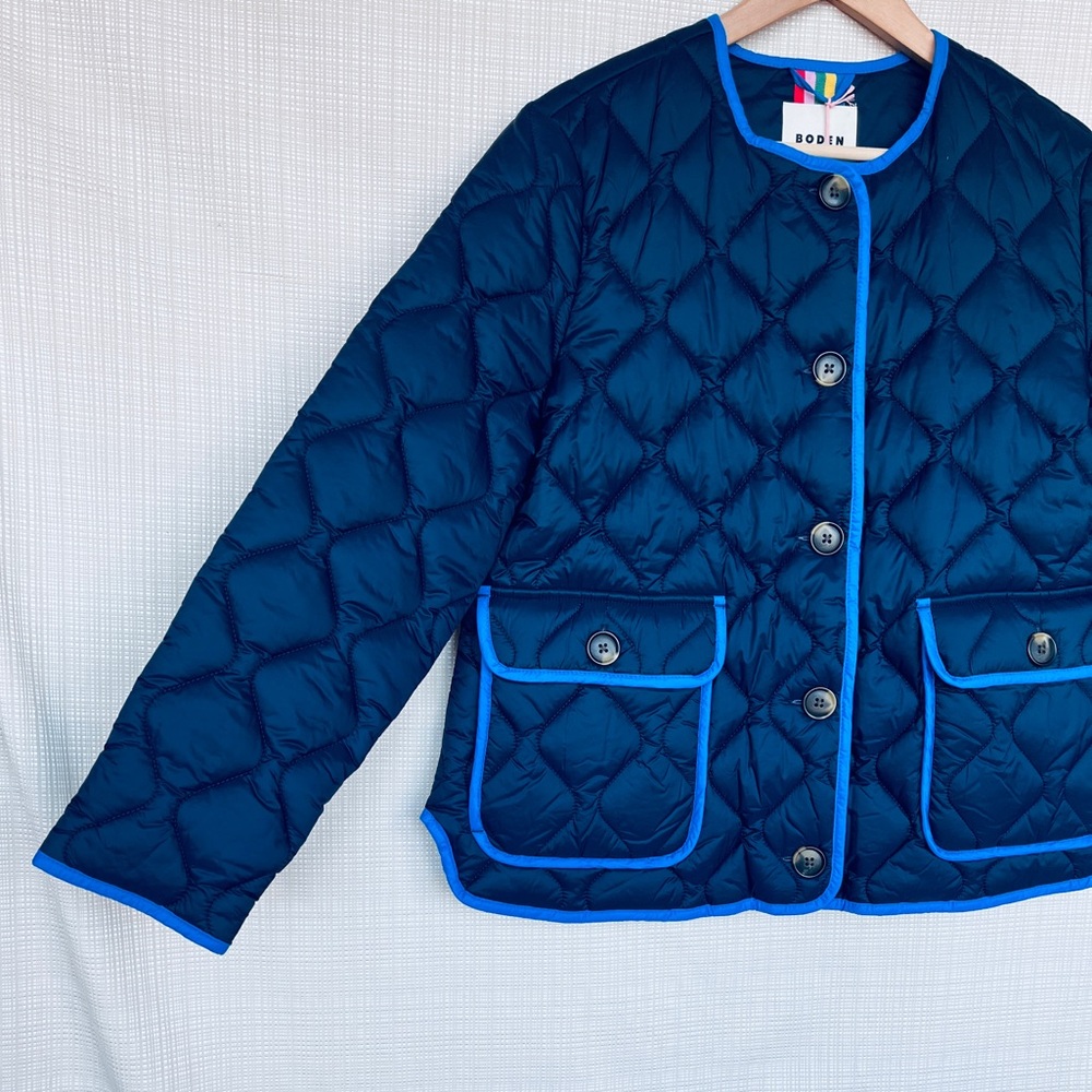 NWT Boden Quilted Jacket Preppy Collarless Jacket Quilted Coat Contrast Piping - Picture 5 of 15